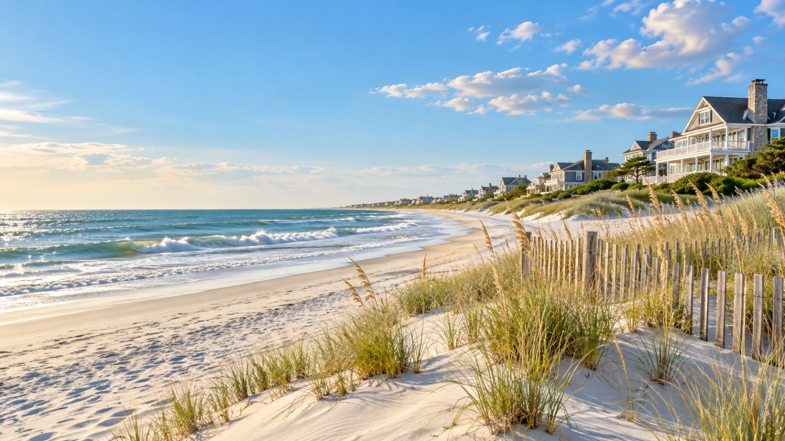 Dune grass and a wooden fence along a wide beach, with the Atlantic Ocean and coastal houses beyond.