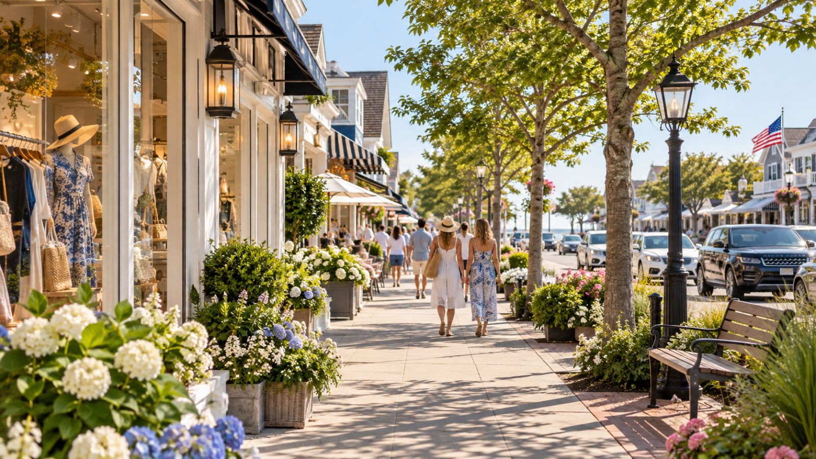 A sunny sidewalk past shop windows, trees, and flower boxes in a shore-town downtown.