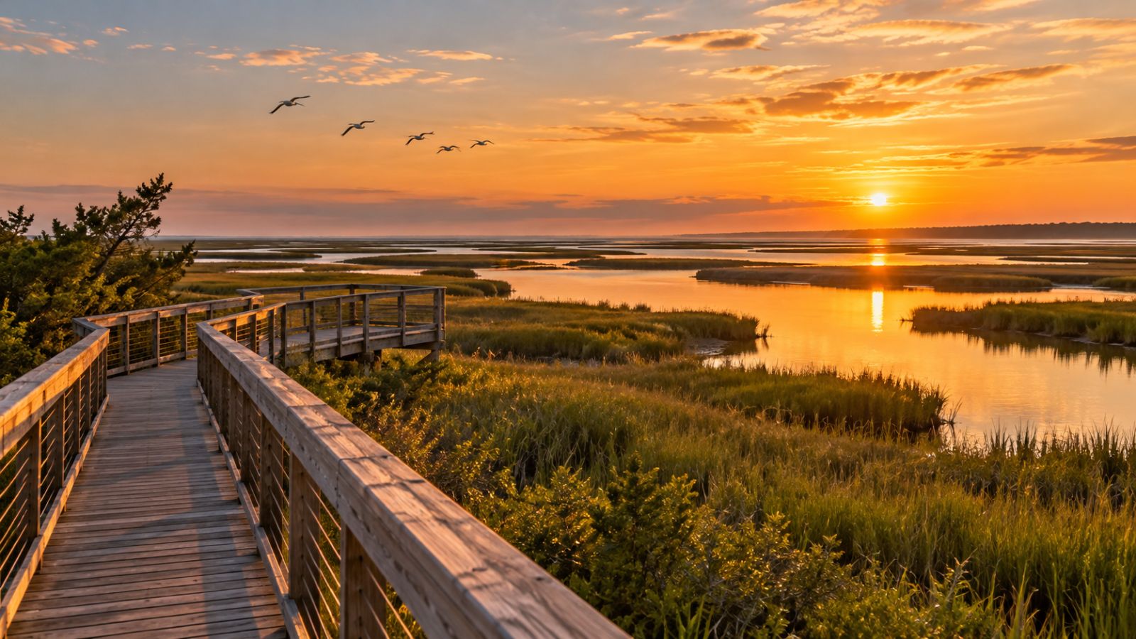 A wooden boardwalk through green salt marsh at sunset, with open water beyond.